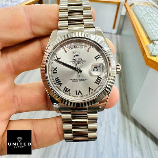 Rolex Day-Date II white 218239 replica in the jewellery shop