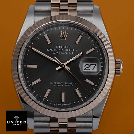 Rolex Datejust 126231 Steel Gold Grey Dial Replica orange background