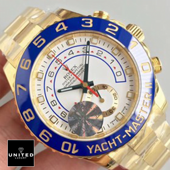 Rolex Yatch Master 116688 II Yellow Gold White Dial Replica on the ahnd