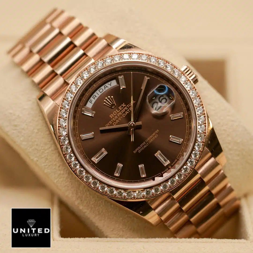 Rolex Day-Date 40 Chocolate Dial Diamond Bezel 228345RBR Replica